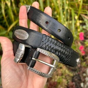 Black Leather Western style Belt with Silver Buckle Brighton